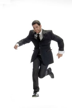 smart businessman jumps up on an isolated background