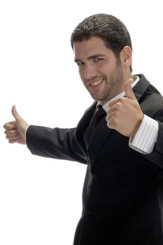 happy businessman wishing good luck on an isolated white background