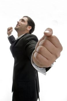 cheerful businessman looking upward on an isolated background