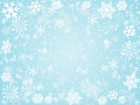 white snowflakes over light blue background with feather center