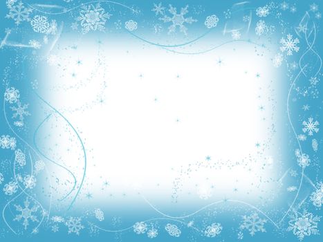 white snowflakes over light blue background with feather center
