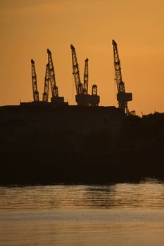 Cranes of the govan shipyards at sunset, Glasgow