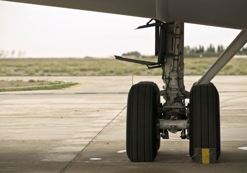 WHeels or undercarriage of a large military aircraft