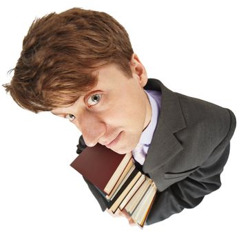 The amusing guy with library books in hands on a white background