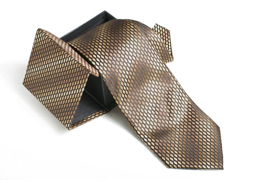 Brown tie in box on white background