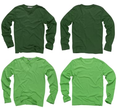 Photograph of two wrinkled blank green and light green long sleeve shirts, fronts and backs.  Clipping path included.  Ready for your design or logo.