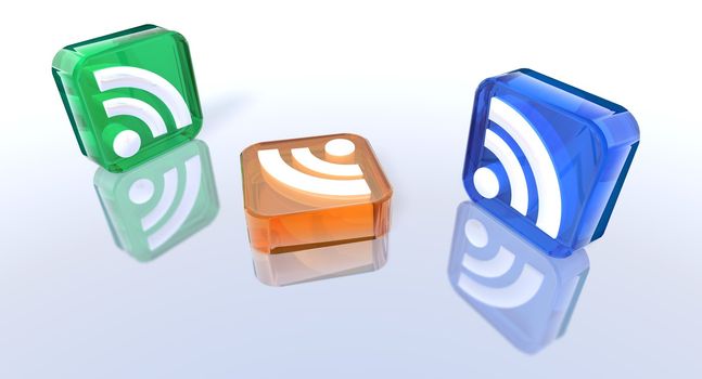 3d rendering of some colored rss symbols
