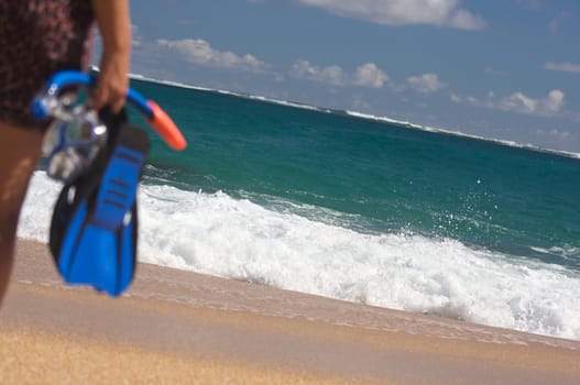 Woman Holding Snorkeling Gear on the shoreline.