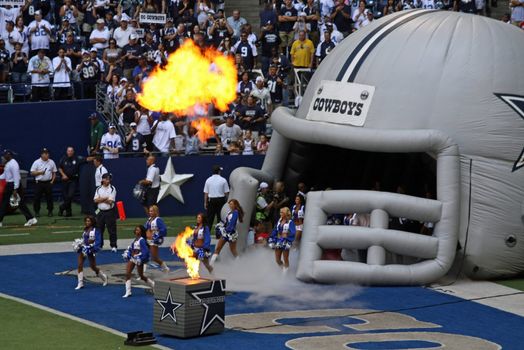 DALLAS - OCT 5: A view of the end zone in Texas Stadium on Sunday, October 5, 2008 during pregame activities. The Dallas Cowboys cheerleaders enter the field as pyrotechnics are displayed. The last season that the Cowboys will play in Texas Stadium. 