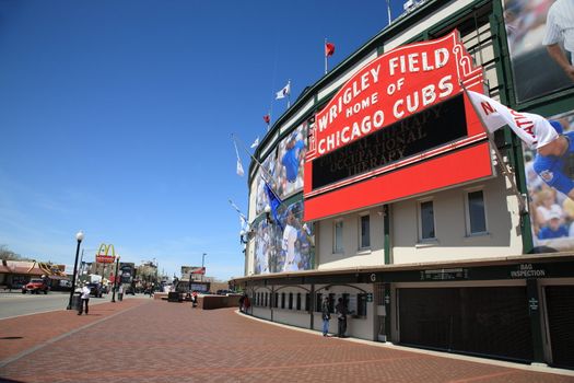 View from Addison Street of historic ballpark and famous welcome sign of the Cubs