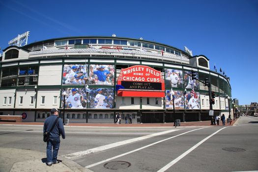 View from Addison Street of historic ballpark and famous welcome sign of the Cubs