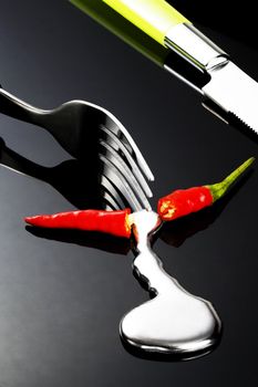 red chili pepper melting a fork while be cutted on a black stone