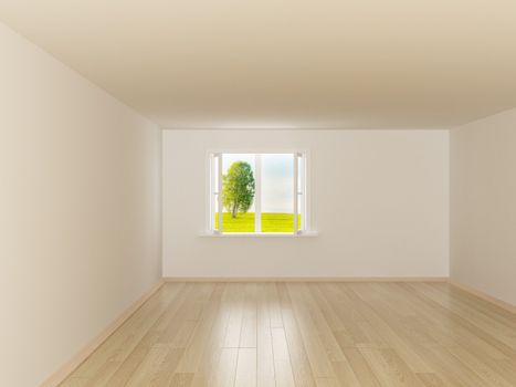 Empty room. Landscape behind the open window. 3D image