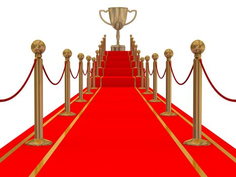 Gold cup of the winner on a red carpet path.