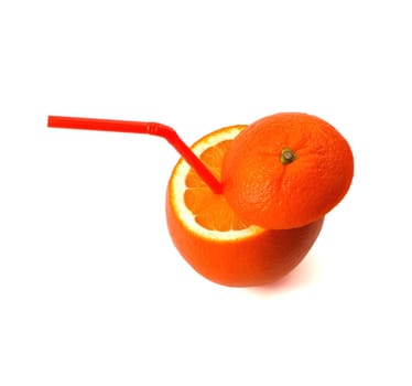 fresh ripe orange cutted on top with straw on white background
