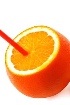 fresh ripe orange cutted on top with straw on white background