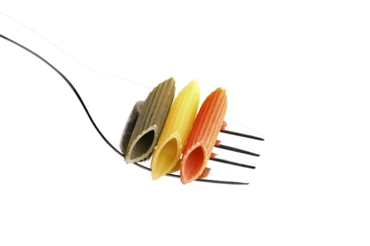 italian penne pasta on a fork ,on white background