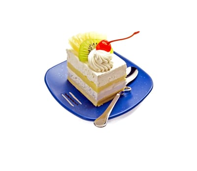 piece of fresh fruit cake on white background