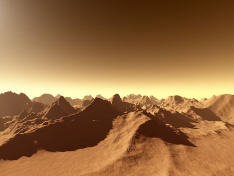 3d rendered, fictional Mars like landscape. Virtual shot from the ground...