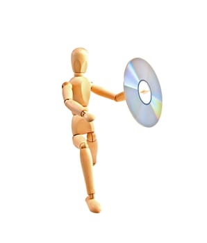 wood mannequin with CD-rom on white background