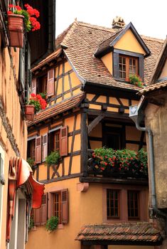 Typical colored houses in Alsace. Route des vines – France. Half-timbered wall.