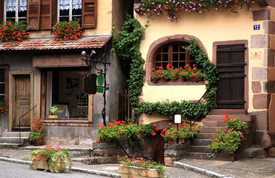 Typical colored houses in Alsace. Route des vines – France. Half-timbered wall.