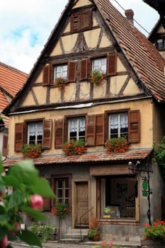 Typical colored houses in Alsace. Route des vines – France. Half-timbered wall.