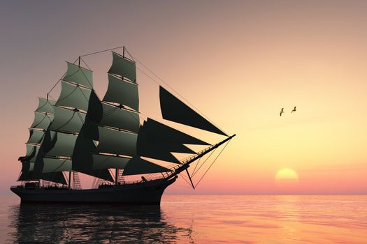 A tall clipper ship sails on calm waters at sunset.