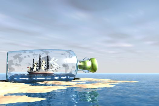 A bottle with an exquisite ship comes to the shore of this ocean beach.