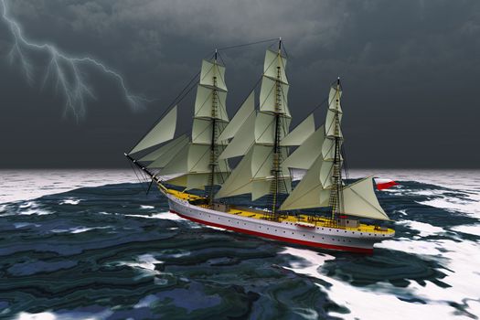 A tall ship glides through rough seas during a thunderstorm.