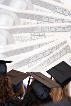 College education montage with graduates isolated over a background of money.