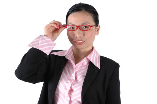 Chinese businesswoman, wearing lady's suit and shirt. Smart and confident looks.