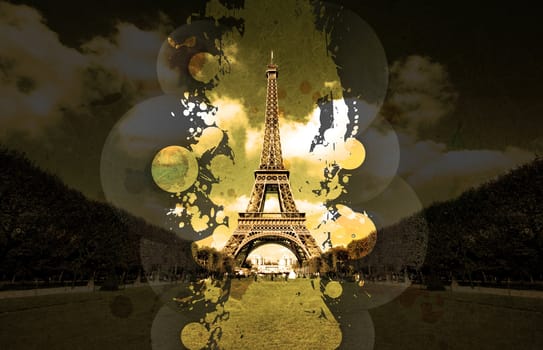 Vinyl splatter music design with overlays on a beautiful wide angle perspective Eiffel tower shot.