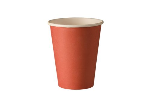 front view of red recycling paper glass on white background