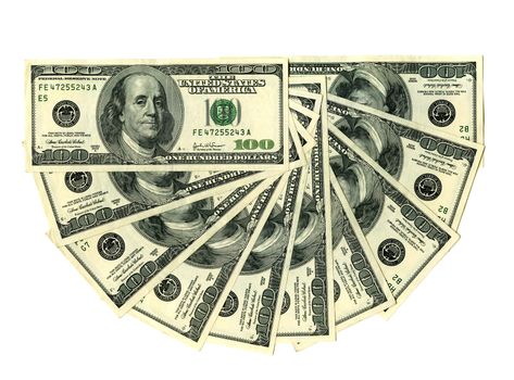 Ten hundred dollars notes isolated on white
