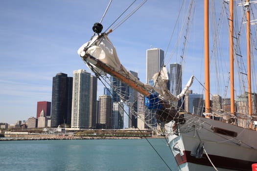 Tall ship on Lake Michigan with Chicago buildings in background