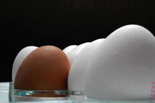 five white eggs and one brown egg close up