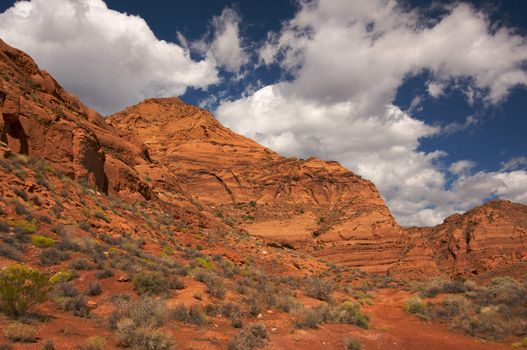 Red Rocks of Utah with Dramatic Blue Sky and Clouds