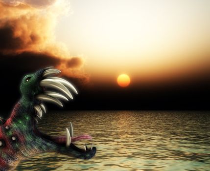 A horrible Halloween monster in a sea landscape.