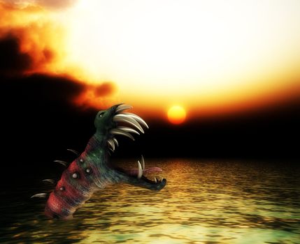 A horrible Halloween monster in a sea landscape.