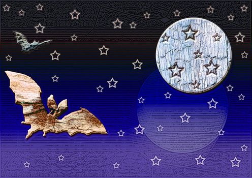 large abstract creative color rich textured, bright image of bats and the moon, the star sky.