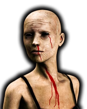 A close up of a bald zombie women.