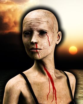 A close up of a bald zombie women.