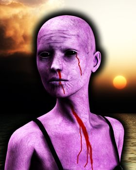 A close up of a bald zombie women.