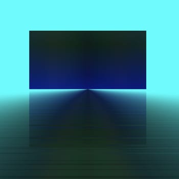 An abstract illustration with a bluegreen square floating against a bluegreen gradient background. This image was designed to give the illusion of two layers of space interacting on a background of ocean and sky.