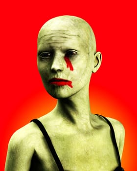 A close up of a bald zombie women.