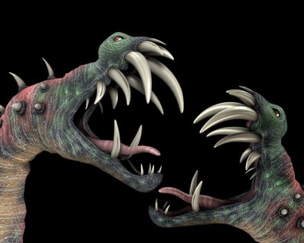 Two horrible Halloween monsters with big teeth.