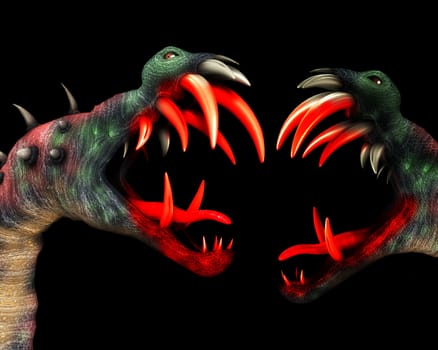 Two horrible Halloween monsters with big teeth.