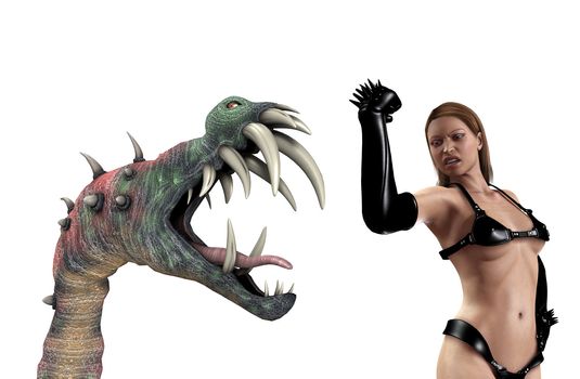 A sexy PVC women battling a vicious Halloween monster.