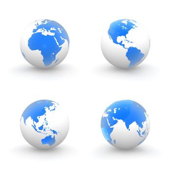 four views of a 3D globe with shiny blue transparent continents and a white ocean